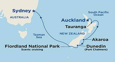 Map showing the port stops for Australia & New Zealand. For more details, refer to the List of Port Stops table on this page.